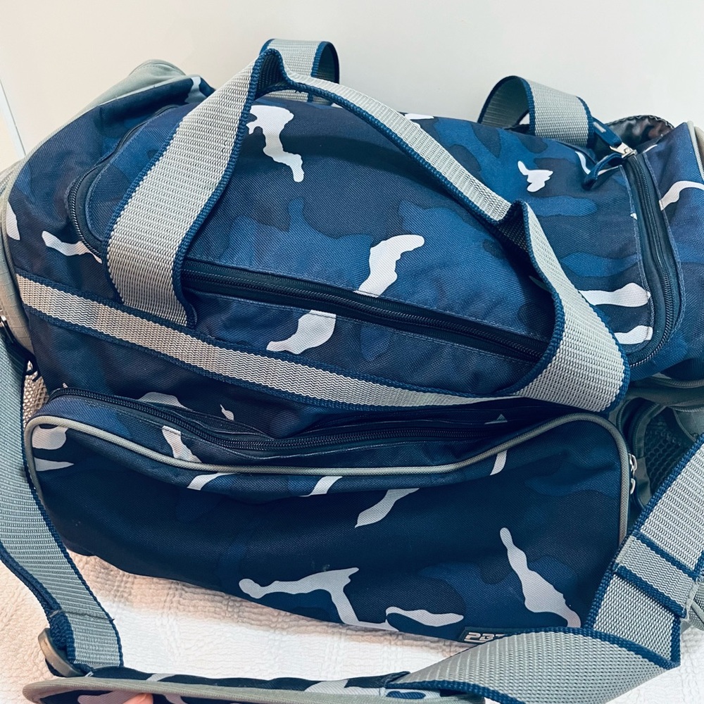 Pottery Barn Teen (PBT) Duffle Bag Blue with strap and lots pockets blue camo